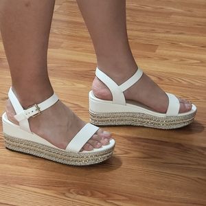 White strappy wedge sandals